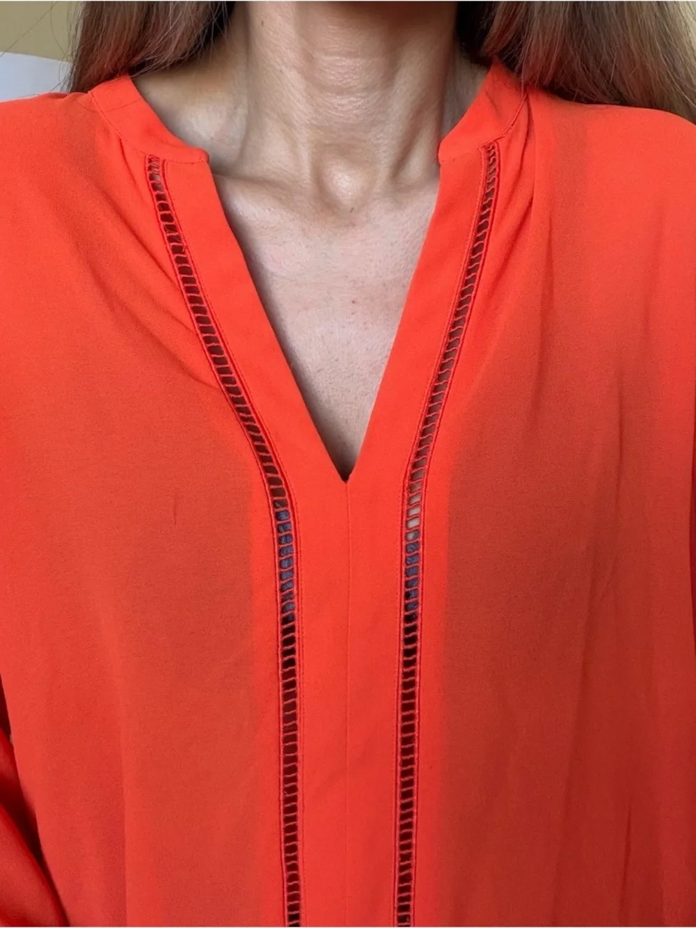 Michael Kors Mandarin Orange Pointelle Trim Long Sleeve Top V Neck Blouse M